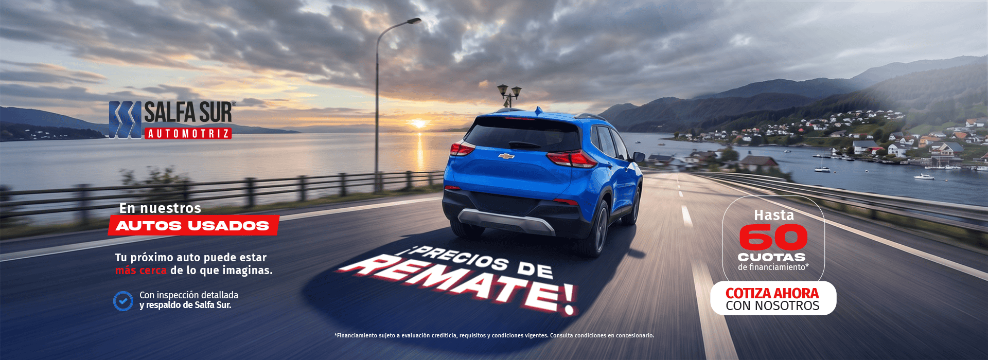 Vehículo azul de Salfa Sur Automotriz en carretera con vista al lago y montañas.